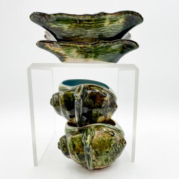 Majolica Tea Cup and Saucers Vintage Barbotine Shell Oyster Green Glaze Pair - Picture 11 of 13